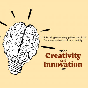 Illustration of a brain shaped like a lightbulb with text celebrating World Creativity and Innovation Day.
