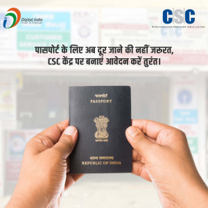 Image of a passport being held, promoting passport application services at CSC centers.