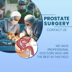 Image depicting a surgical team performing prostate surgery with an anatomical illustration of the prostate.