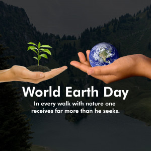 Hands holding a seedling and the Earth, with World Earth Day text.