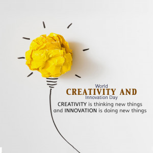 Crushed yellow paper formed into a lightbulb shape with text celebrating World Creativity and Innovation Day.
