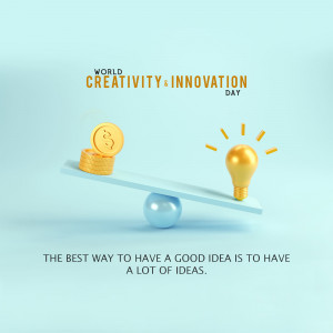 A conceptual image representing creativity and innovation with a seesaw balancing gold coins and a lightbulb.