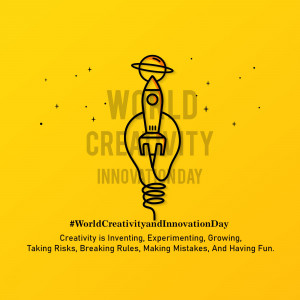Illustration of a rocket ship inside a lightbulb with stars on a yellow background
