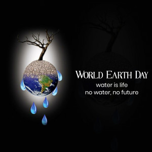 Earth with water droplets and a barren tree branch, promoting World Earth Day.