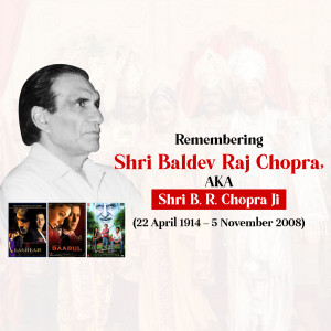 Portrait of B.R. Chopra with movie posters