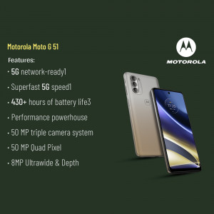 Motorola Moto G 51 smartphone with key features listed