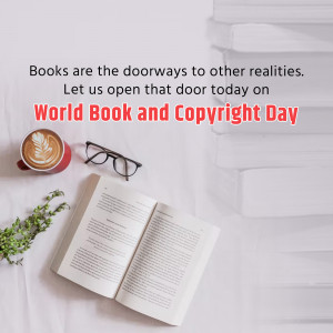 Books, coffee, and glasses on a white background with a quote about reading.