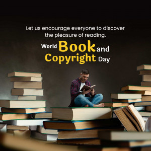 A man reading a book sitting on a stack of books with the text 'World Book and Copyright Day'