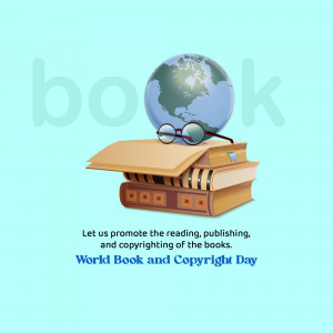 Illustration of books with a globe and glasses, promoting reading and copyright.