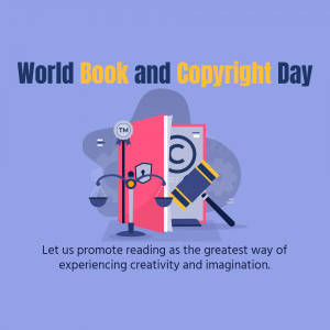 Illustration depicting a book balanced with a gavel on scales, representing World Book and Copyright Day.