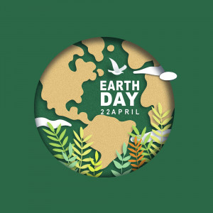 Paper cut-out style Earth Day graphic with a globe, leaves, and a bird.
