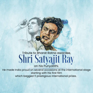 Watercolor portrait of Satyajit Ray with text commemorating his Punyathithi