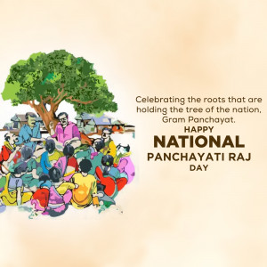 Illustration of people gathered under a tree with text celebrating National Panchayati Raj Day.