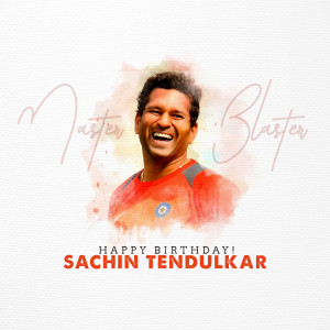 Portrait of Sachin Tendulkar with watercolor effect and birthday wishes