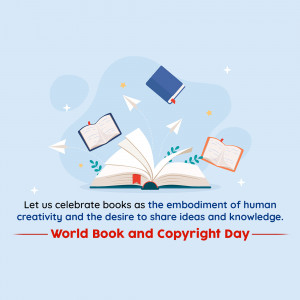 Illustration of open books and paper airplanes with text celebrating World Book and Copyright Day.