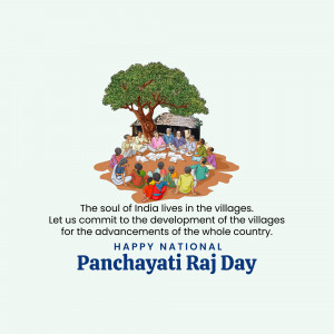 Illustration depicting a village meeting under a tree with text celebrating Panchayati Raj Day.
