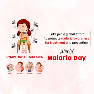 Illustration of a sick child surrounded by mosquitoes with text promoting malaria awareness and treatment.