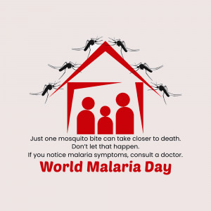 Illustration of a house surrounded by mosquitoes with a family inside, promoting malaria awareness.