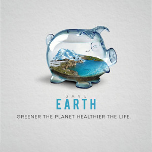 Piggy bank shaped like Earth with landscape inside, promoting environmental savings.