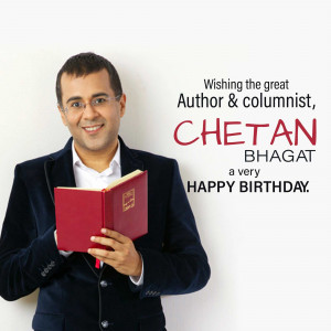 Chetan Bhagat holding a book with a birthday greeting