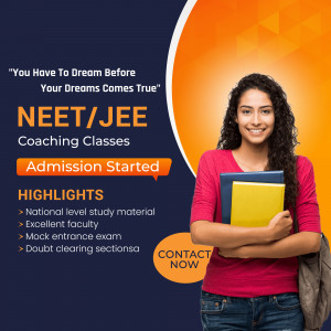 Image promoting NEET/JEE coaching classes with a student holding books.