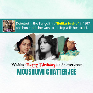 Collage of Moushumi Chatterjee with text wishing her a happy birthday