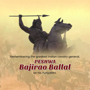 Statue of Peshwa Bajirao Ballal on horseback with a battlefield background
