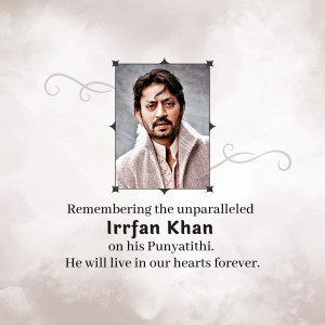 Portrait of Irrfan Khan with a memorial message