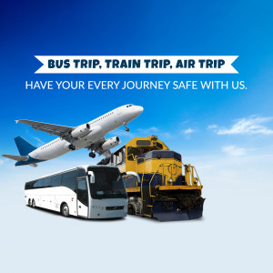 Image depicting a bus, train, and airplane against a blue sky with the text 'Bus Trip, Train Trip, Air Trip. Have your every journey safe with us.'
