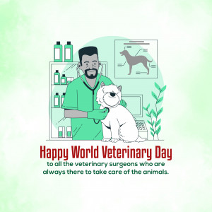 Illustration of a veterinarian examining a dog with medical supplies in the background.