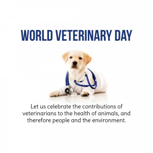 Image celebrating World Veterinary Day with a puppy wearing a stethoscope.