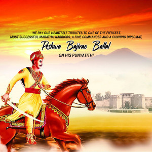 Image of Peshwa Bajirao Ballal on horseback with a fort in the background, commemorating his Punyathithi.
