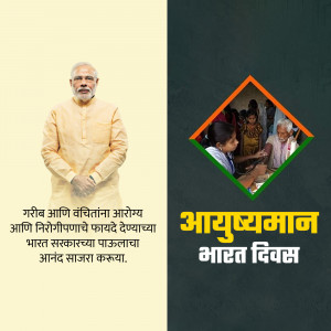 Image depicting Prime Minister Narendra Modi and beneficiaries of Ayushman Bharat scheme with text in Marathi and Hindi.