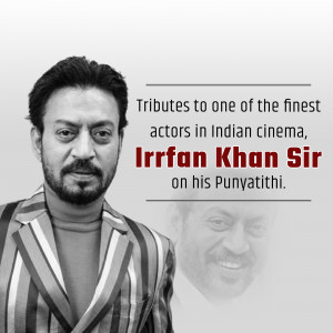 Black and white portrait of Irrfan Khan with text tribute