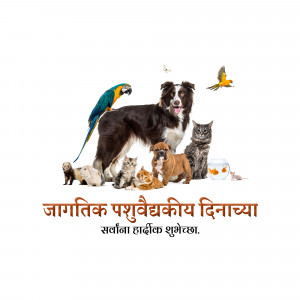 A group of various animals including dogs, cats, birds, and fish with text in Marathi.