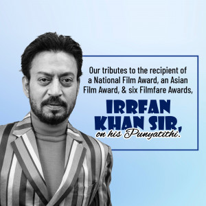 Black and white portrait of Irrfan Khan with text commemorating his Punyathithi.