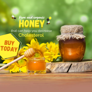 Jar of honey with sunflowers and bees, promoting health benefits.