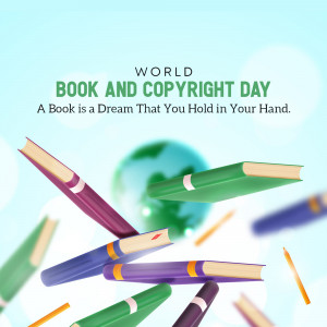 Illustration of flying books and pencils with a globe in the background for World Book and Copyright Day.