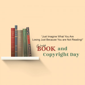 Stack of books on a shelf with text promoting World Book and Copyright Day
