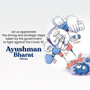 Illustration of hands administering vaccines with a Covid-19 virus character looking defeated.