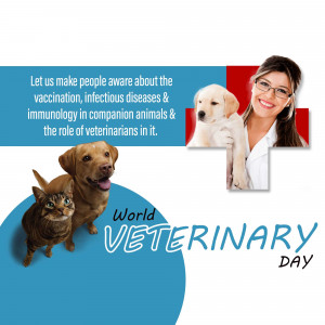 Image promoting World Veterinary Day with veterinarians and companion animals.