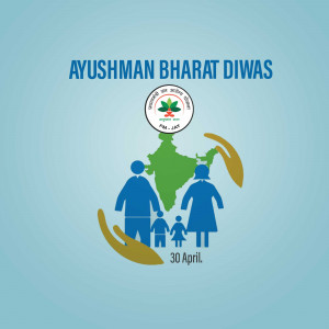 Ayushman Bharat Diwas poster with India map and family silhouette
