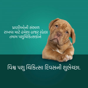 A cute brown puppy with text in Gujarati wishing a happy World Veterinary Day.