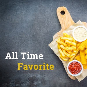 Close-up of french fries and breaded fish sticks with dipping sauces on a wooden board.