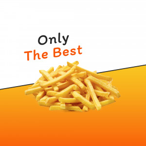 Pile of golden, crispy french fries on a vibrant orange and yellow background with text 'Only The Best'