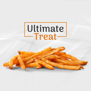 A pile of golden, crispy french fries with the text 'Ultimate Treat' on a banner.