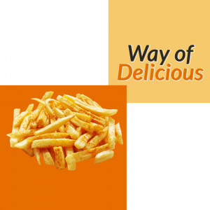 A pile of golden, crispy french fries on an orange background with text 'Way of Delicious'.