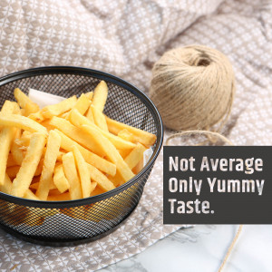 Close-up of french fries in a black wire basket with twine and a text overlay.