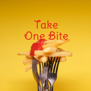 A pile of golden french fries topped with ketchup, pierced by multiple forks, against a bright yellow background.