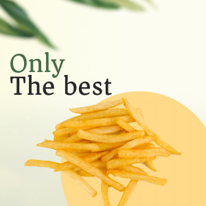 Close-up of golden, crispy french fries with a yellow background.